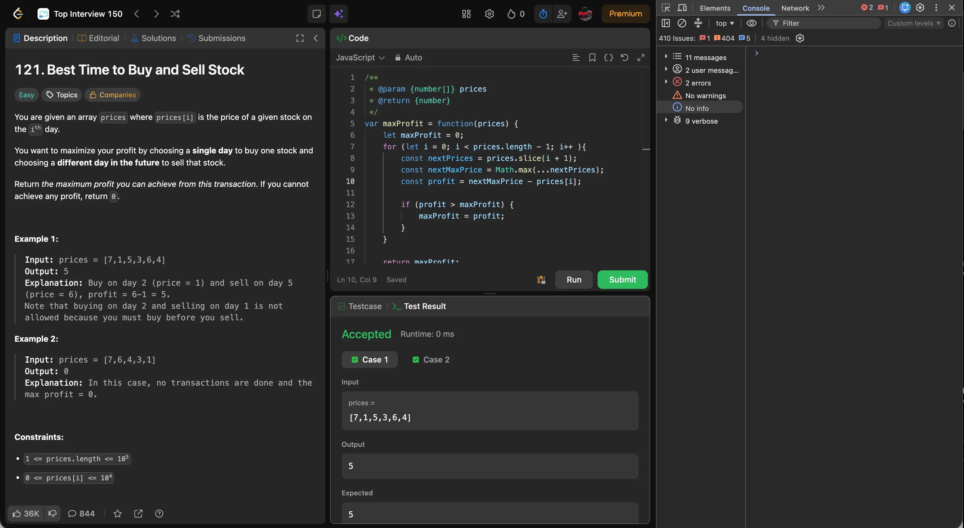 The same LeetCode problem after the fix suggested by Hidini, with the profit calculation corrected to nextMaxPrice minus prices[i] and the test result showing Accepted.