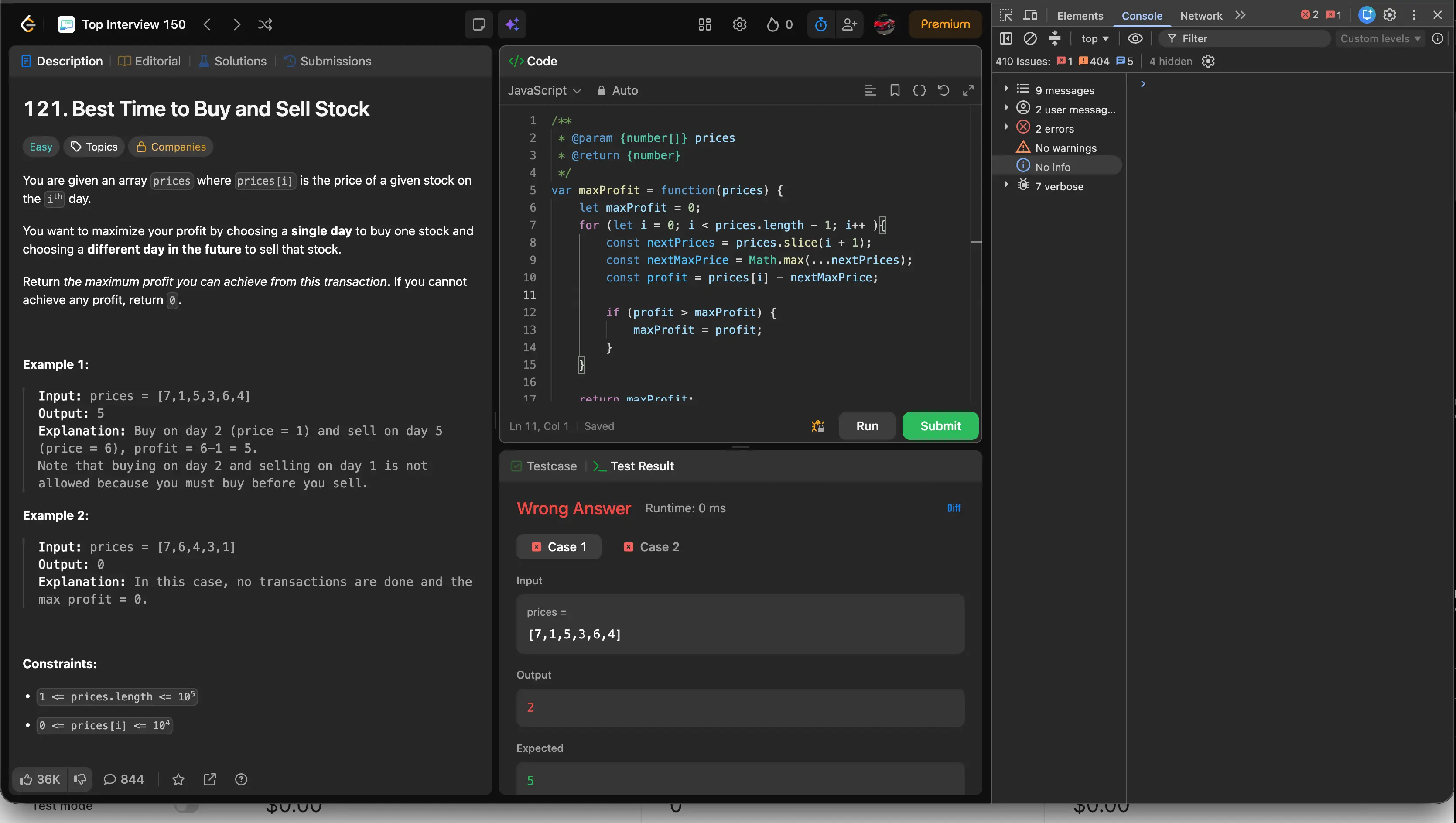 A live coding interview screen showing a LeetCode Best Time to Buy and Sell Stock submission returning Wrong Answer, output 2 instead of the expected 5.