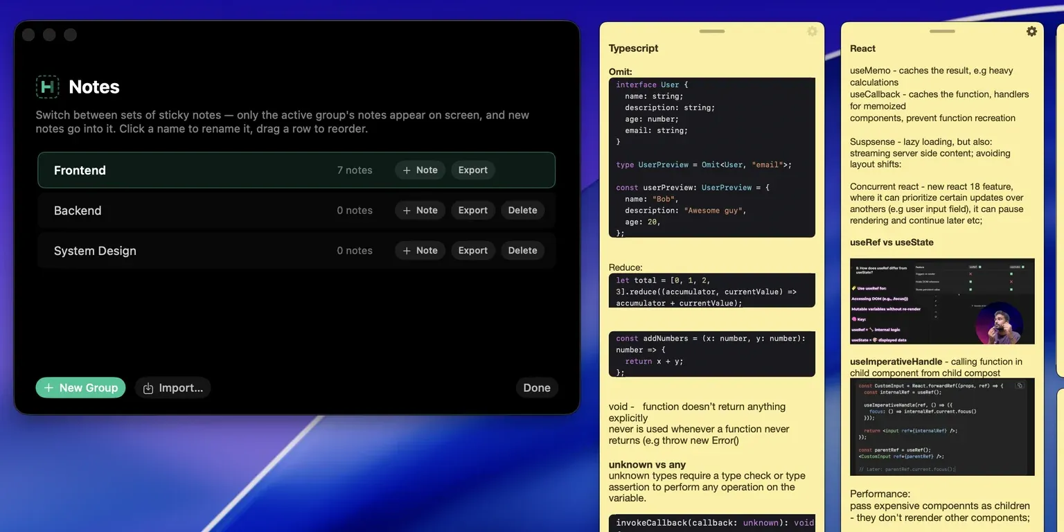The Hidini note group manager listing Frontend, Backend and System Design groups, beside the active group's invisible sticky notes holding TypeScript and React reference material